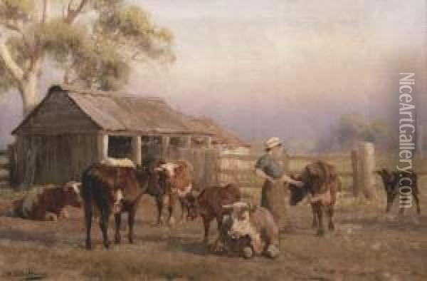 Tending The Cows Oil Painting - Jan Hendrik Scheltema