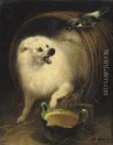 A Dog In A Barrel Oil Painting - Henriette Ronner-Knip