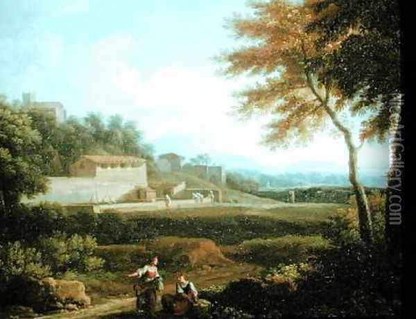 Landscape with Figures at Rest with a Town Beyond Oil Painting - Andrea Locatelli