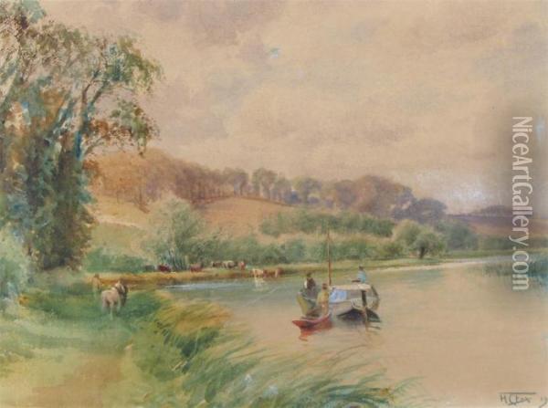 Boats On A River With Cattle Watering In The Shallows Oil Painting - Henry Charles Fox