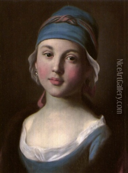 Portrait Of A Girl In A Blue Dress And Cap Oil Painting - Pietro Antonio Rotari