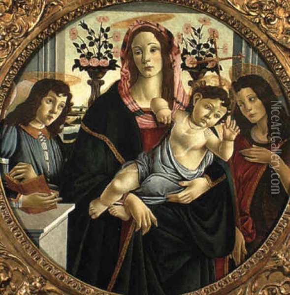 La Madonna Col Bambino Benedicente, S. Giovanni Battista E Un Angelo Oil Painting - Sandro Botticelli