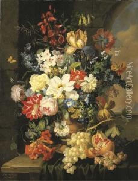 Roses, Morning Glory, And Iris And Other Flowers In A Sculpted Urn Oil Painting - Anton Hartinger