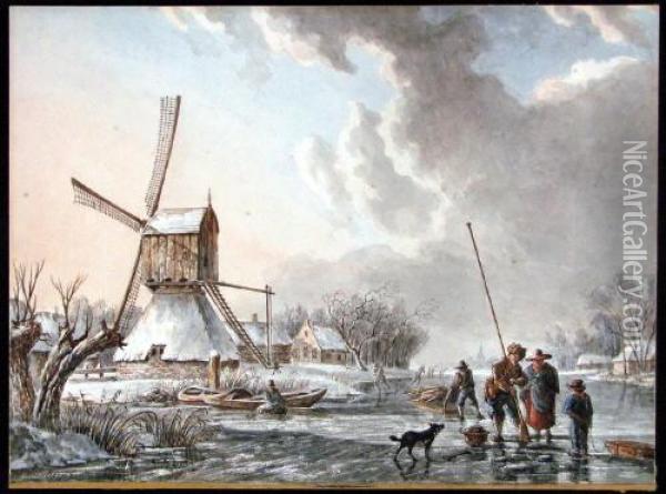 Verschneite Seelandschaft Mit Bauern Und Windmuhle. Oil Painting - Jacob Van Stry