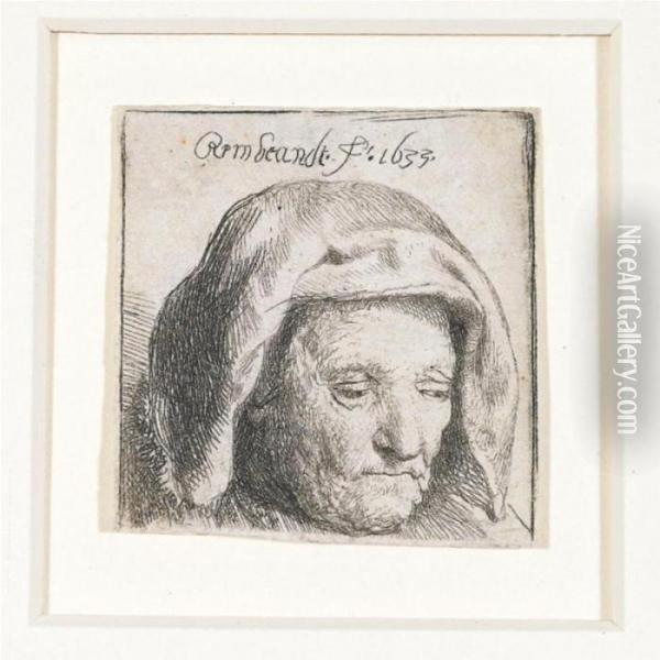 The Artist's Mother In A Cloth 
Headdress, Looking Down: Head Only (b., Holl.351; H.107; Bb.33-f) Oil Painting - Rembrandt Van Rijn
