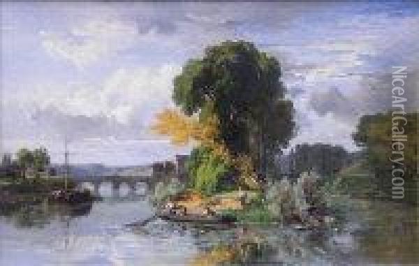 Fishing On The River L'yonne Oil Painting - Dominique Adolphe Grenet De Joigny