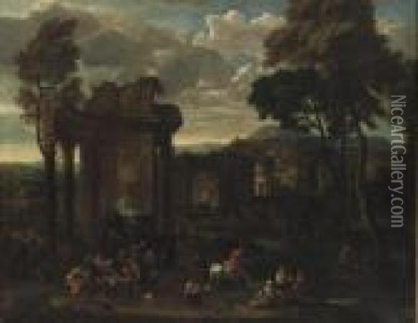 Figures At A Country Fair Near Roman Ruins, A Classical City Beyond Oil Painting - Pieter Van Bredael