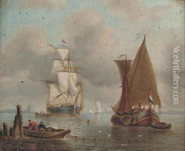 A Dutch merchantman drying her sails in an offshore anchorage Oil Painting - William Anderson