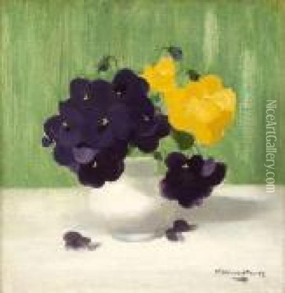 A Still Life Of Purple And Yellow Roses Oil Painting - James Stuart Park