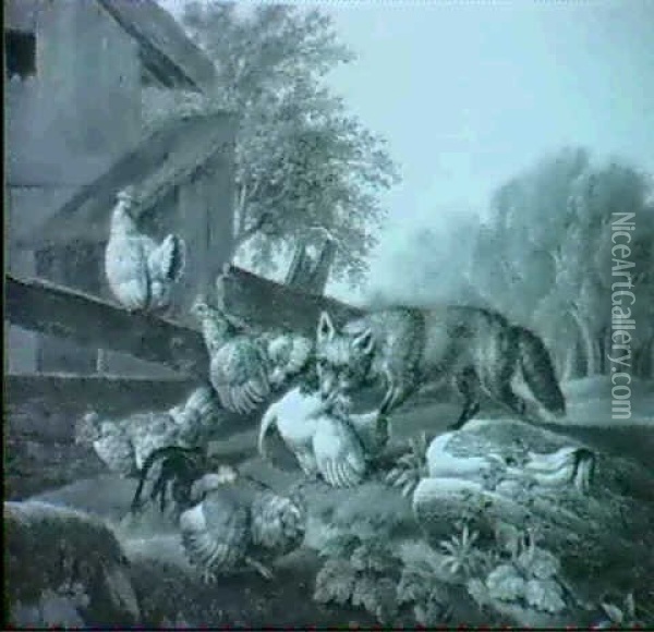 Der Fuchs Im Huhnerhof, Ein Huhn Packend Oil Painting - Michael Johann Schnitzler