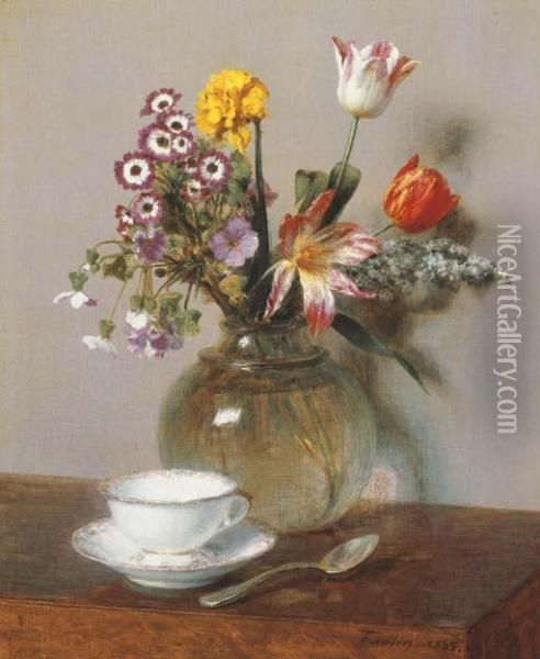 Vase De Fleurs Avec Une Tasse De Cafe Oil Painting - Ignace Henri Jean Fantin-Latour