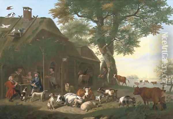 An elegant company by a tavern, with cows, sheep, goats and other animals Oil Painting - Jan van Gool