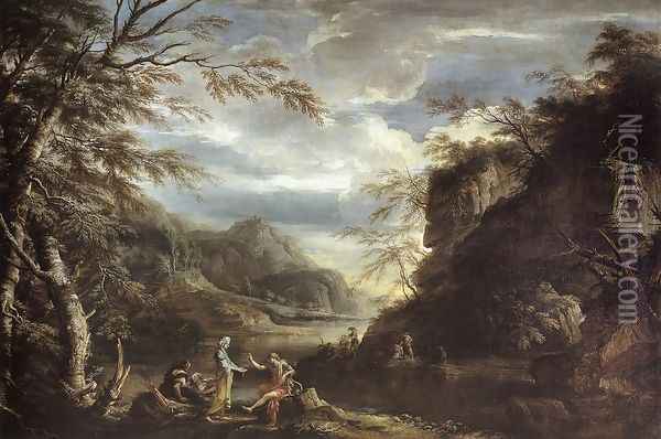 River Landscape with Apollo and the Cumean Sibyl c. 1655 Oil Painting - Salvator Rosa