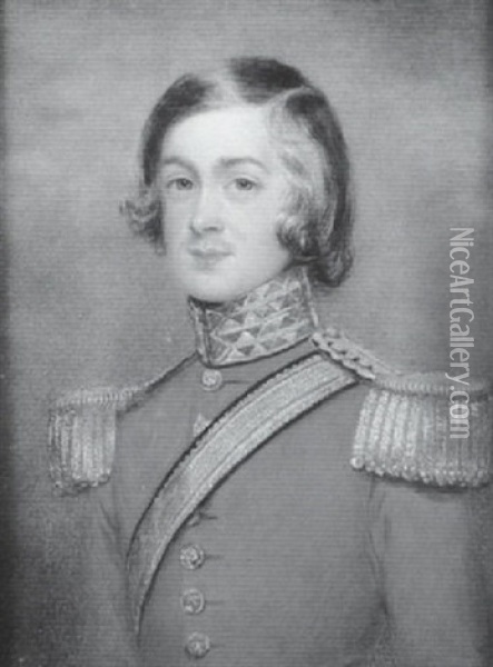James R. Steadman Wearing The Uniform Of The 1st Dragoon Guards, Scarlet Coat With Gold Epaulettes, Collar, Buttons And Sword Belt Oil Painting - Maria A. Chalon