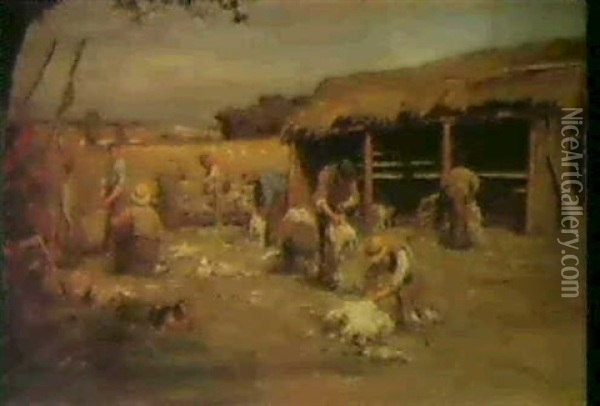 At The Shearing-shed Oil Painting - James Riddel