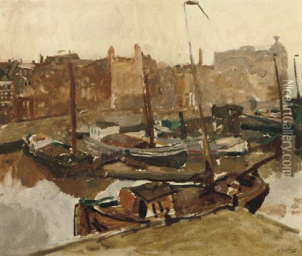 Damrak - Moored Boats On The Damrak With The Victoria Hotel In The Distance, Amsterdam Oil Painting - George Hendrik Breitner