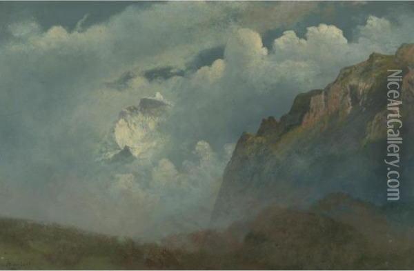 Mountain Peaks In The Clouds Oil Painting - Albert Bierstadt