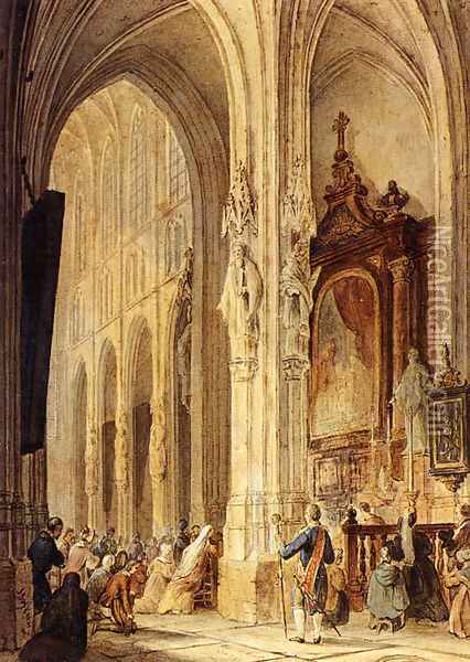 A Church Interior With People Attending Mass Oil Painting - Johannes Bosboom