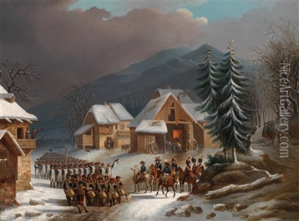 Franzosische Truppen In Einem Sudtiroler Dorf (januar 1797) Oil Painting - Jacob (Placidus) Altmutter