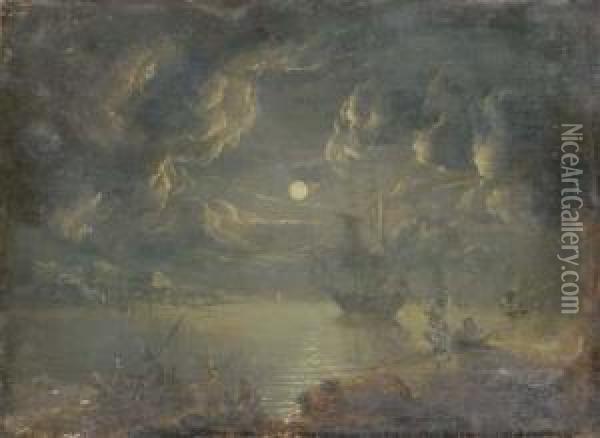 A Man-o'war And Other Shipping Off The Coast By Moonlight Oil Painting - Sebastian Pether