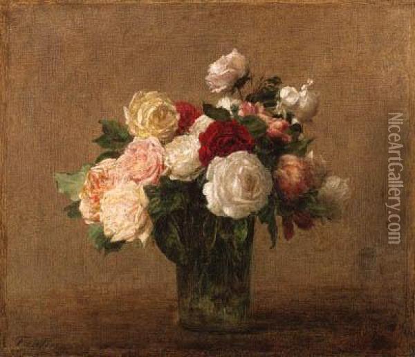 Roses Dans Un Vase De Verre Oil Painting - Ignace Henri Jean Fantin-Latour