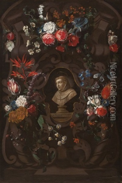Blumenbildnis Mit Der Buste Des B. Franciscus Rodius Oil Painting - Wouter Gysaerts