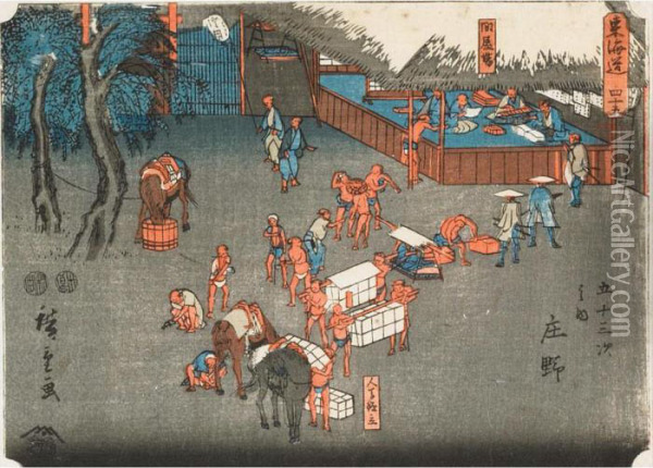 Two Tokaido Road Views Oil Painting - Utagawa or Ando Hiroshige