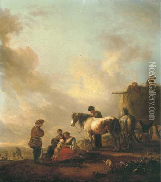 Figures Resting Before A Haycart Oil Painting - Pieter Wouwermans or Wouwerman