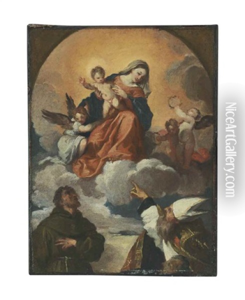The Madonna And Child In Glory With Saints Francis And Aloysius And The Donor Alvise Gozzi, In A Feigned Arch Oil Painting - Francesco Maffei