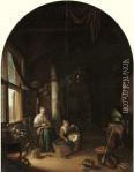 A Mother With Her Children By A Window In An Interior Oil Painting - Gerrit Dou