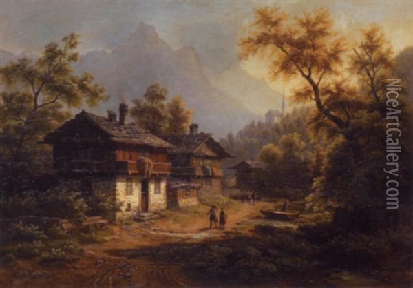 A Mountainous Wooded Landscape With Figures By A Chalet In The Foreground Oil Painting - Gustav Hausmann