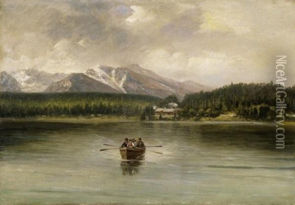 Rowers On The Lakeside, With Snowy Mountain Peaks In The Background Oil Painting - Karoly Telepy