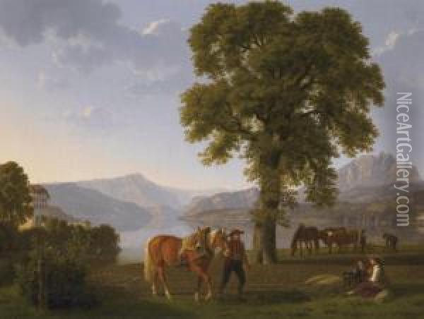 Pflugende Bauern Am Vierwaldstattersee Oil Painting - Johann Jakob Biedermann