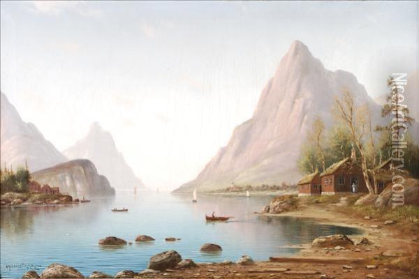 Fjord Scenewith Boats And Houses Oil Painting - Nils Hans Christiansen