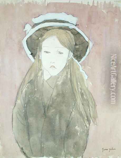 Little girl wearing large hat Oil Painting - Gwen John