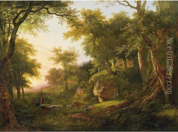 Wooded Landscape With Two Figures Beside A Stream Oil Painting - Jean-Victor Bertin