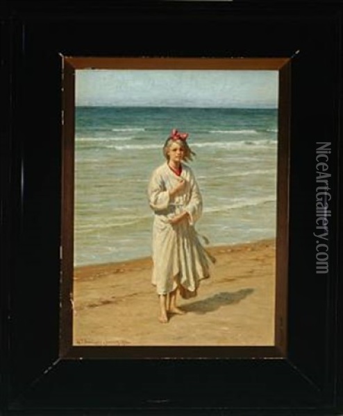 Lonstrup Beach With Blond Girl In White Robe Oil Painting - Niels Frederik Schiottz-Jensen