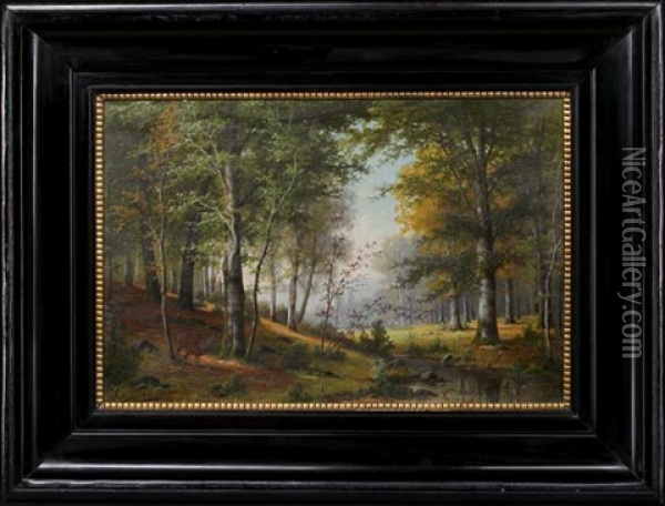 A Woodland Interior With Deer On The Riverbank Oil Painting - Hermann Herzog