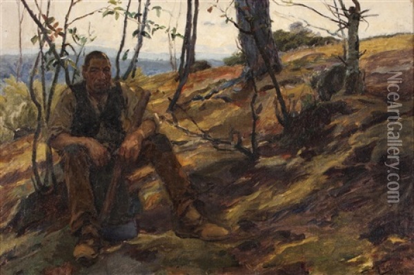 Waiting For Lunch/the Woodcutter Oil Painting - Jose Vital Branco Malhoa