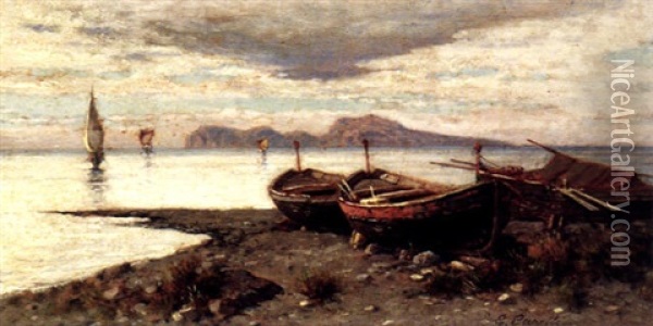 A View Of The Mediterranean With Fishing Boats Ashore In The Foreground And A View Of Capri Beyond Oil Painting - Giuseppe Carelli
