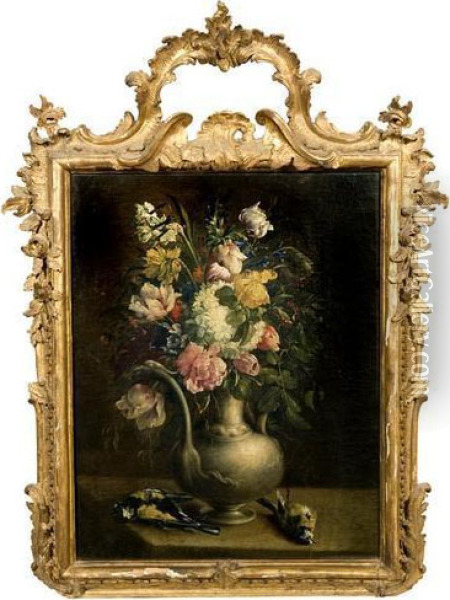 Fiori In Un Vaso Su Un Tavolo Con Cianciallegre Oil Painting - Johann Baptist Drechsler