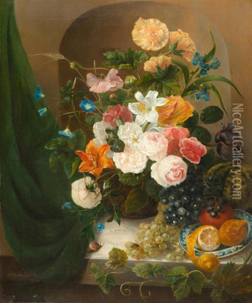 Blumenstilleben Mit Zitronen, Trauben, Melone Und Orange. Oil Painting - Christina Petronella Schotel