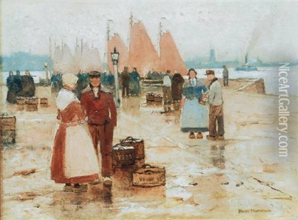 In A Dutch Harbour Oil Painting - Hans Herrmann