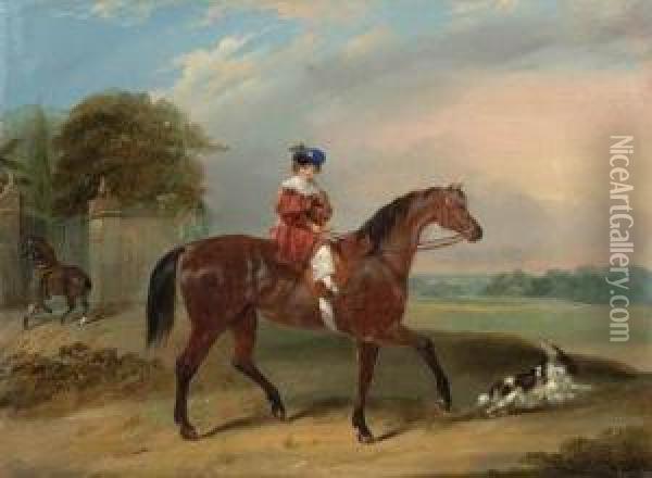 A Child On A Bay Horse With A Spaniel Outside The Grounds Of Anestate Oil Painting - Francis Calcraft Turner