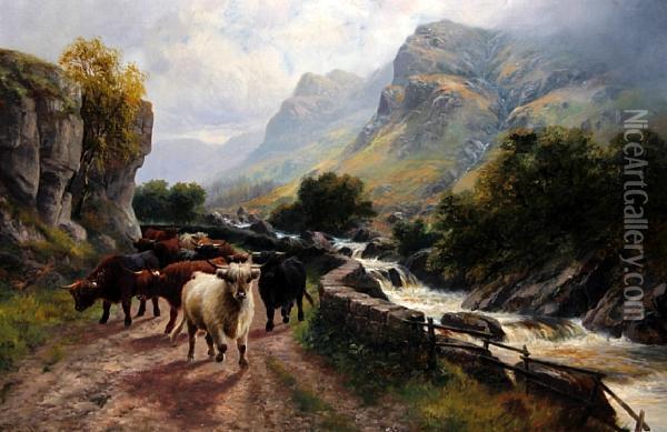 Highland Cattle - Pass Of The Trossachs Oil Painting - Henry R. Hall