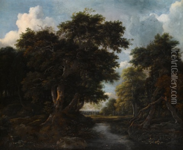 A Forest Landscape With A River And A Shepherd On A Mossy Path Oil Painting - Jacob Van Ruisdael