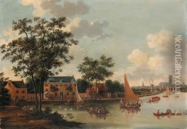 View Of The River Rotte, With Burghers And Peasants, Boats On Thecanal, Rotterdam Beyond Oil Painting - Abraham Storck