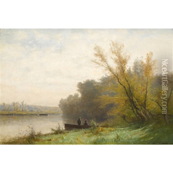 Flusslandschaft Mit Ruderboot Und Staffage Oil Painting - Gustave Eugene Castan