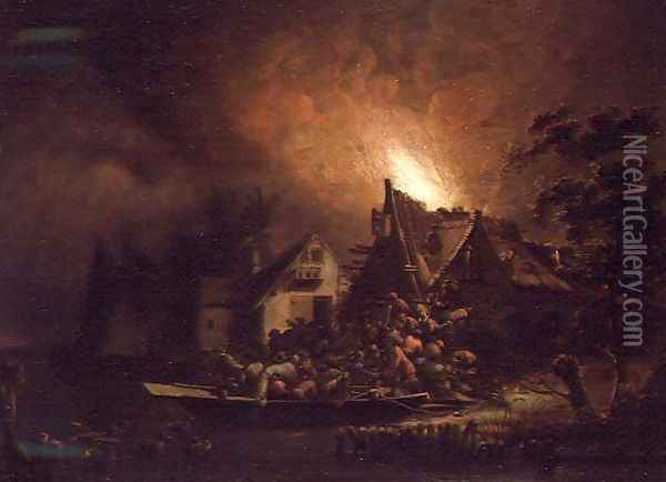 Villagers Struggling to put out a Cottage Fire Oil Painting - Adriaen Lievensz van der Poel