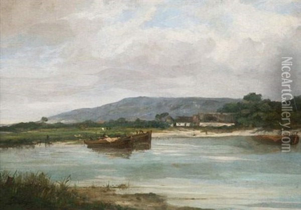 Barques Au Bord De L'etang Oil Painting - Karl Pierre Daubigny